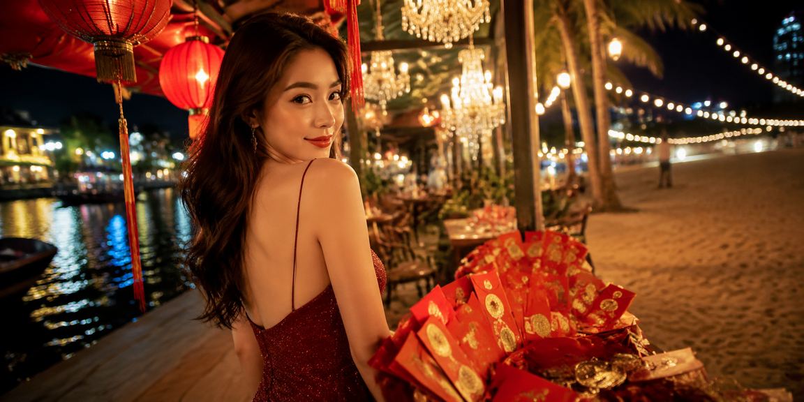 Người dùng xem kèo và nhận thưởng bao đỏ tại phố cổ Hội An bên ly cà phê